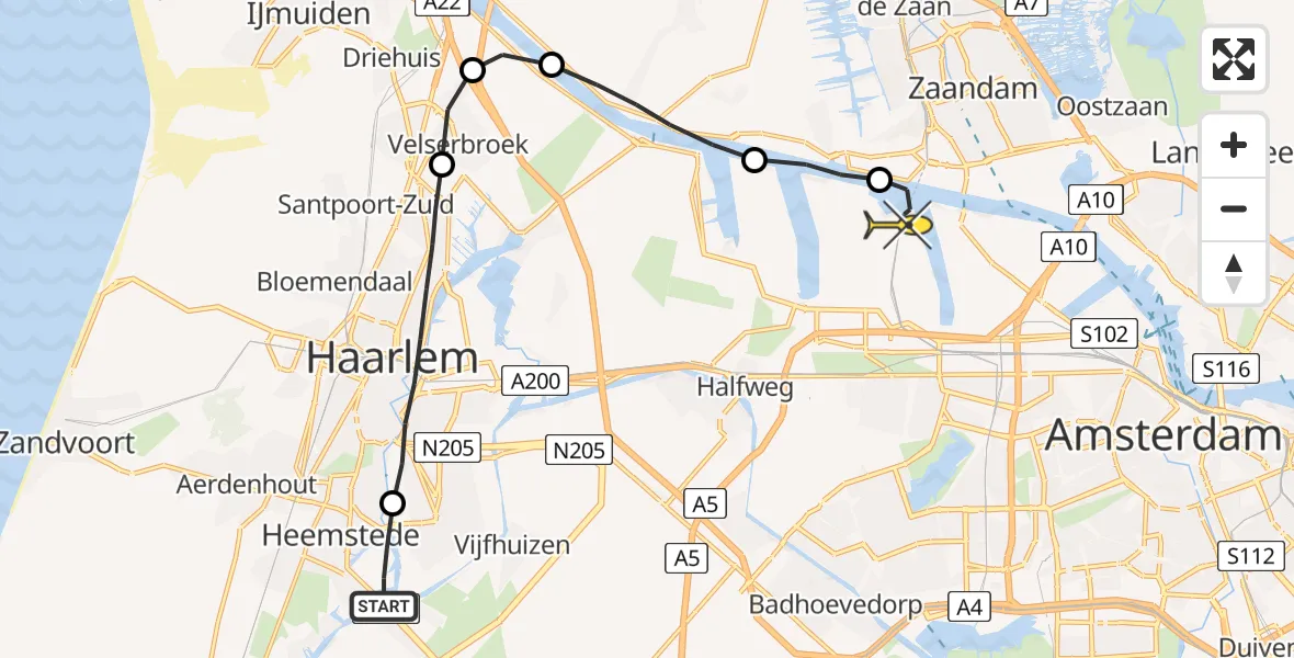 Routekaart van de vlucht: Lifeliner 1 naar Amsterdam Heliport