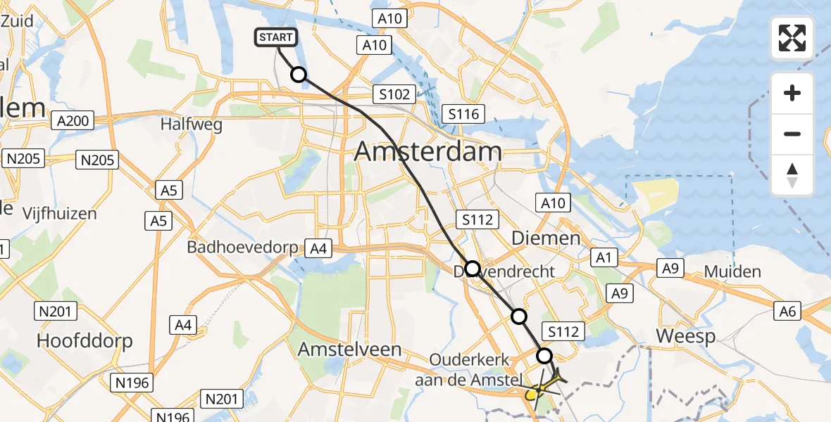 Routekaart van de vlucht: Lifeliner 1 naar Academisch Medisch Centrum (AMC)