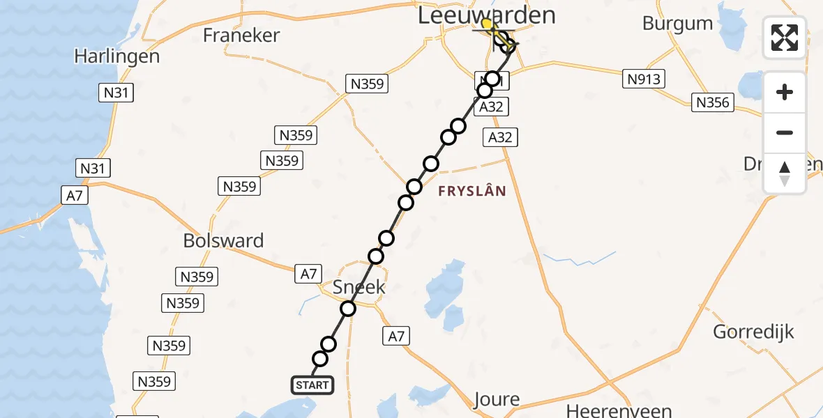 Routekaart van de vlucht: Lifeliner 4 naar Leeuwarden