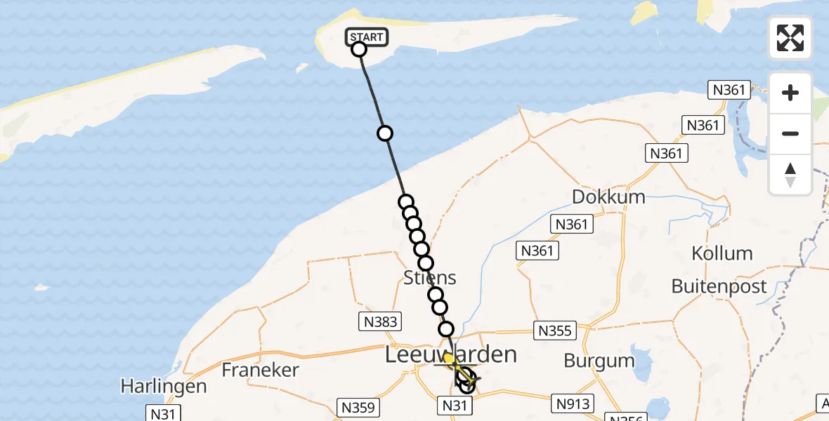 Routekaart van de vlucht: Lifeliner 4 naar Leeuwarden