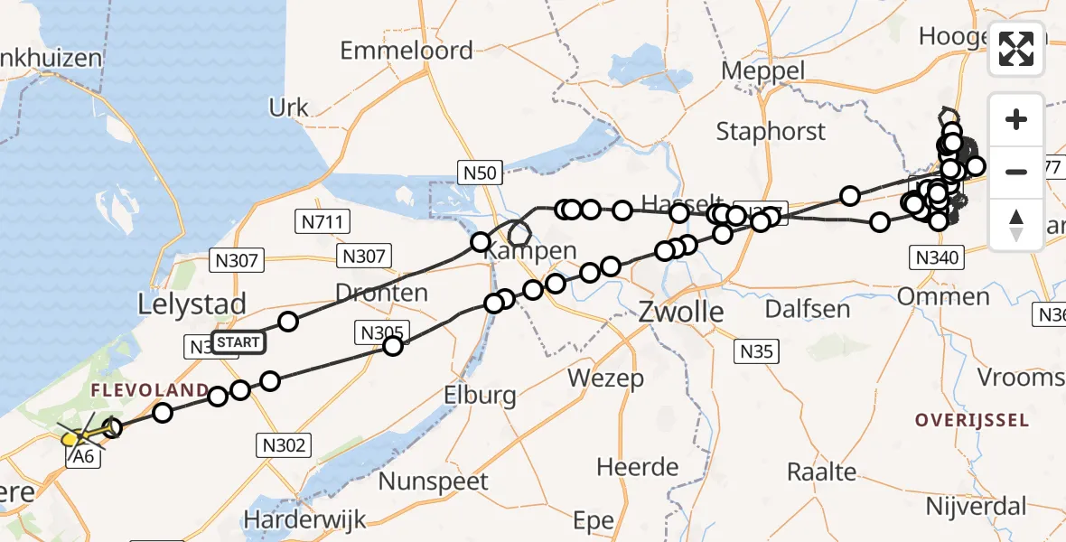 Routekaart van de vlucht: Politieheli naar Lelystad