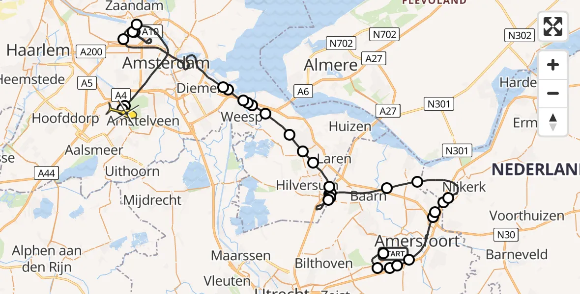 Routekaart van de vlucht: Politieheli naar Schiphol