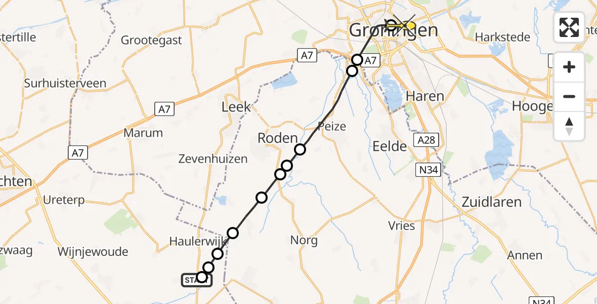 Routekaart van de vlucht: Lifeliner 4 naar Universitair Medisch Centrum Groningen