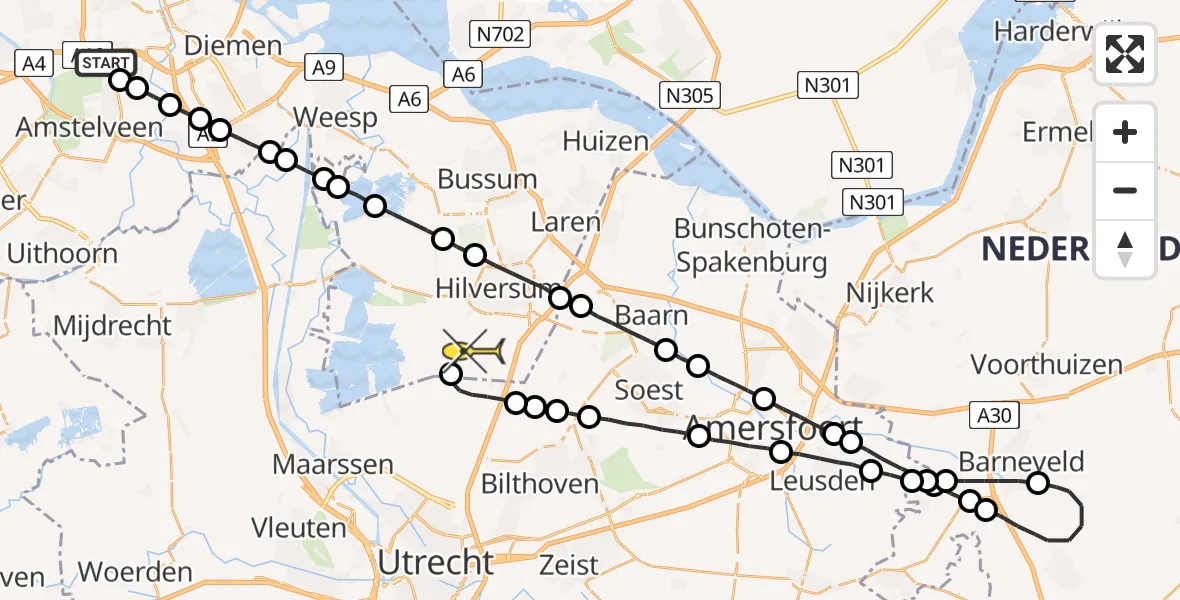 Routekaart van de vlucht: Lifeliner 1 naar Vliegveld Hilversum