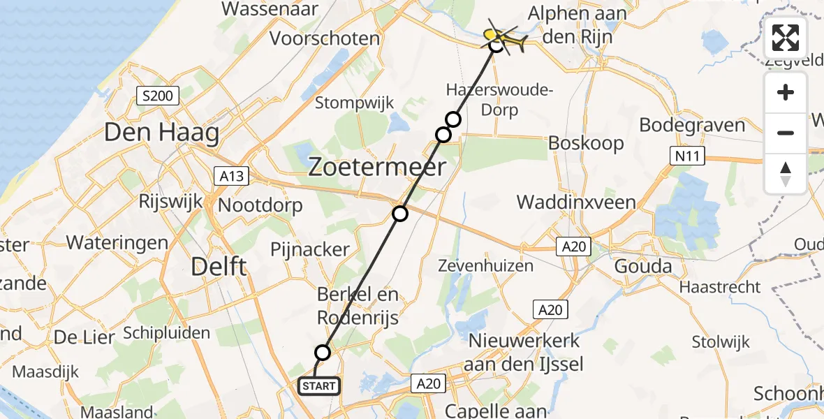 Routekaart van de vlucht: Lifeliner 2 naar Hazerswoude-Rijndijk