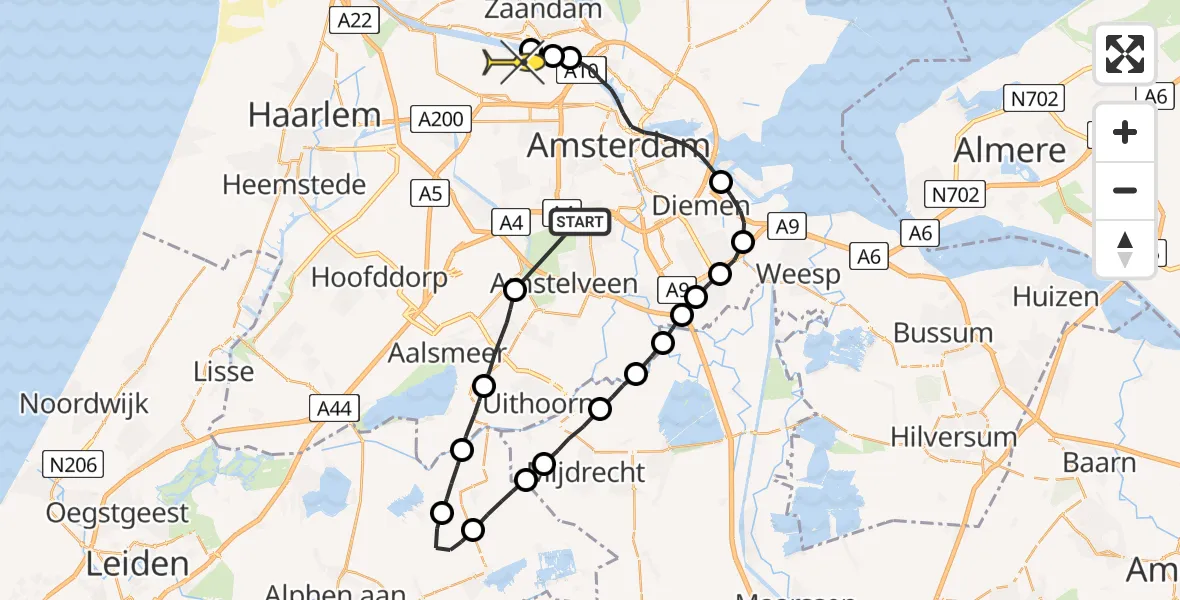Routekaart van de vlucht: Lifeliner 1 naar Amsterdam Heliport