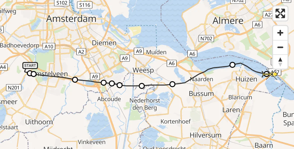 Routekaart van de vlucht: Politieheli naar Blaricum