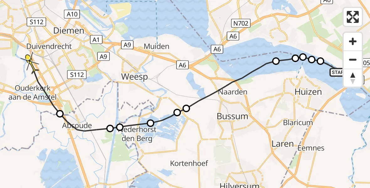 Routekaart van de vlucht: Politieheli naar Ouderkerk aan de Amstel