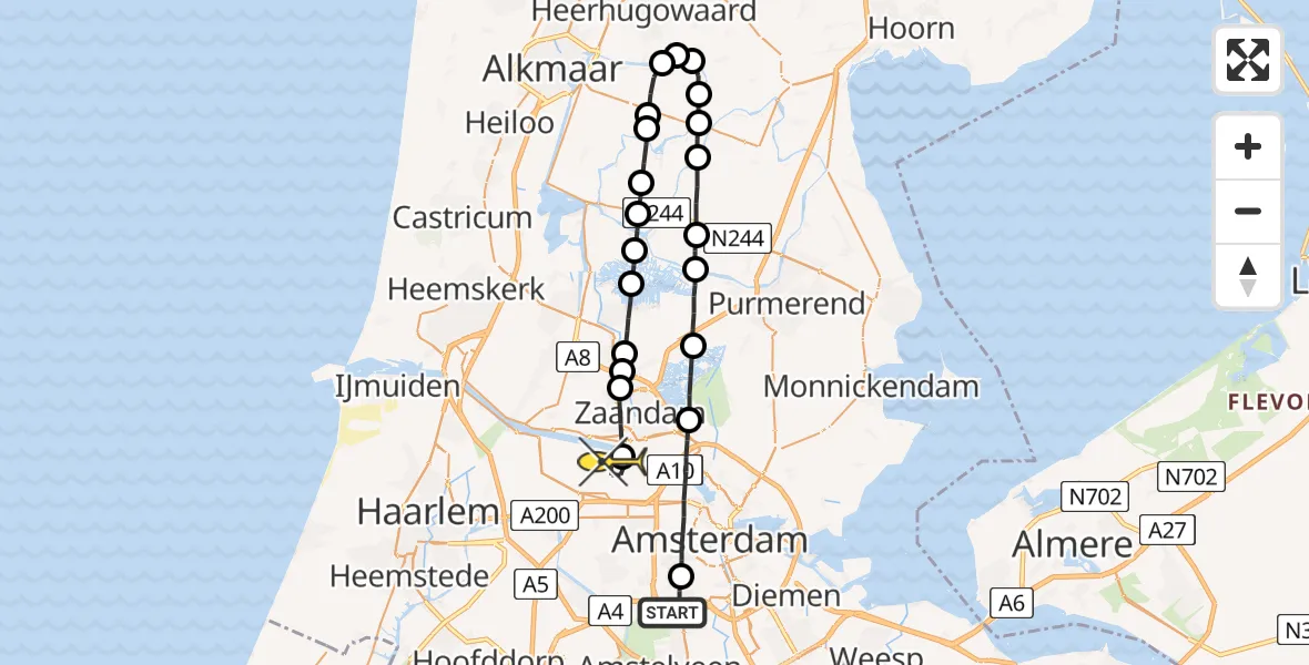 Routekaart van de vlucht: Lifeliner 1 naar Amsterdam Heliport