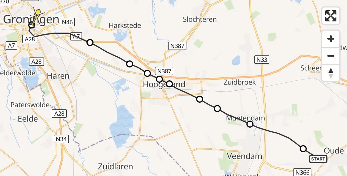 Routekaart van de vlucht: Lifeliner 4 naar Universitair Medisch Centrum Groningen