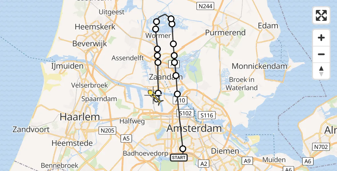 Routekaart van de vlucht: Lifeliner 1 naar Amsterdam Heliport