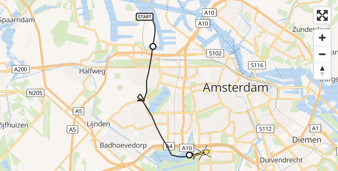 Routekaart van de vlucht: Lifeliner 1 naar VU Medisch Centrum Amsterdam