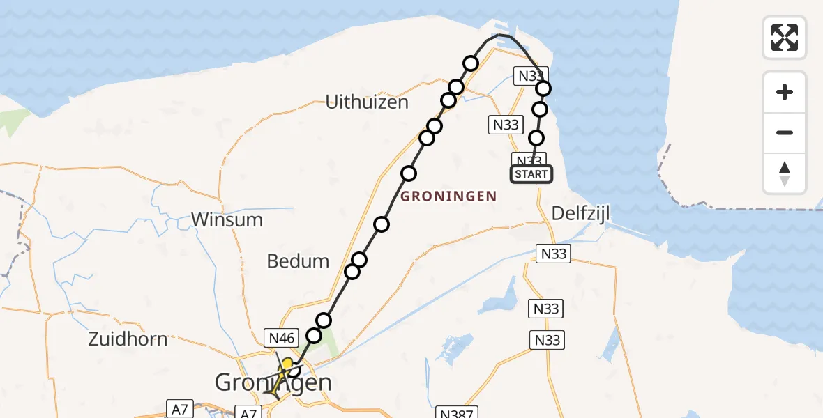 Routekaart van de vlucht: Lifeliner 4 naar Universitair Medisch Centrum Groningen