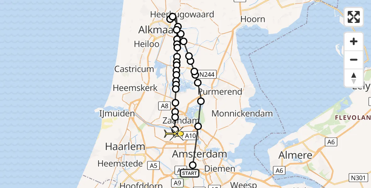 Routekaart van de vlucht: Lifeliner 1 naar Amsterdam Heliport