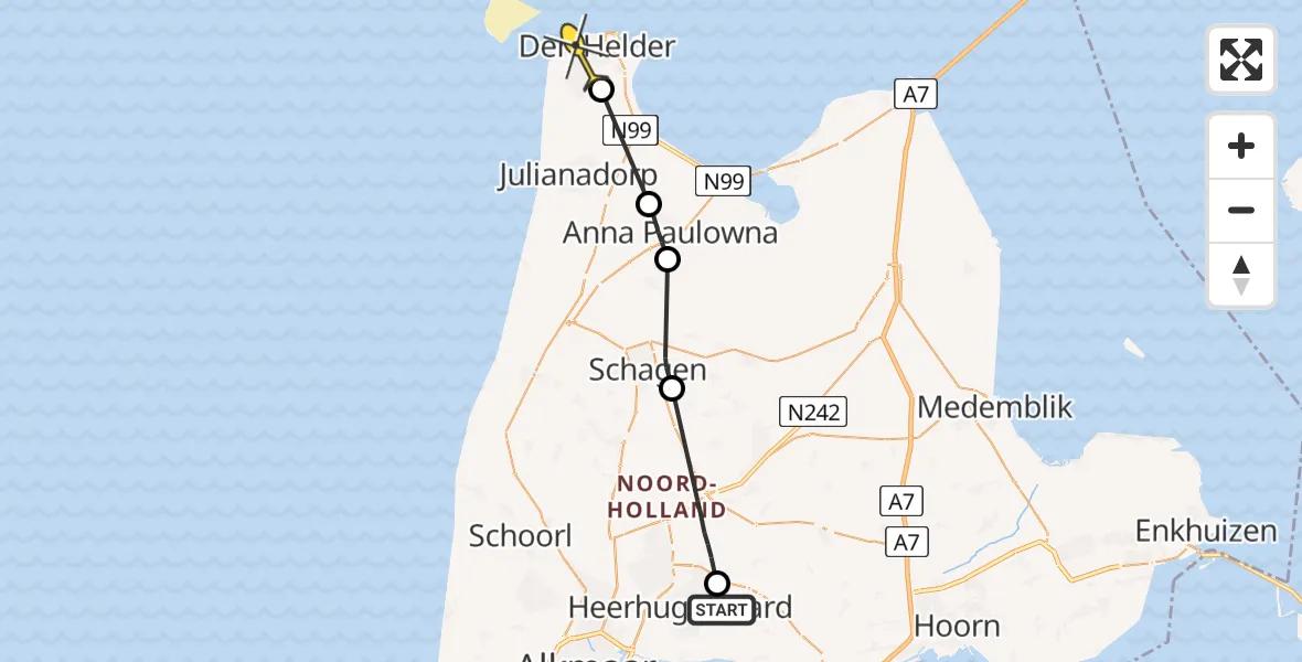 Routekaart van de vlucht: Politieheli naar Den Helder