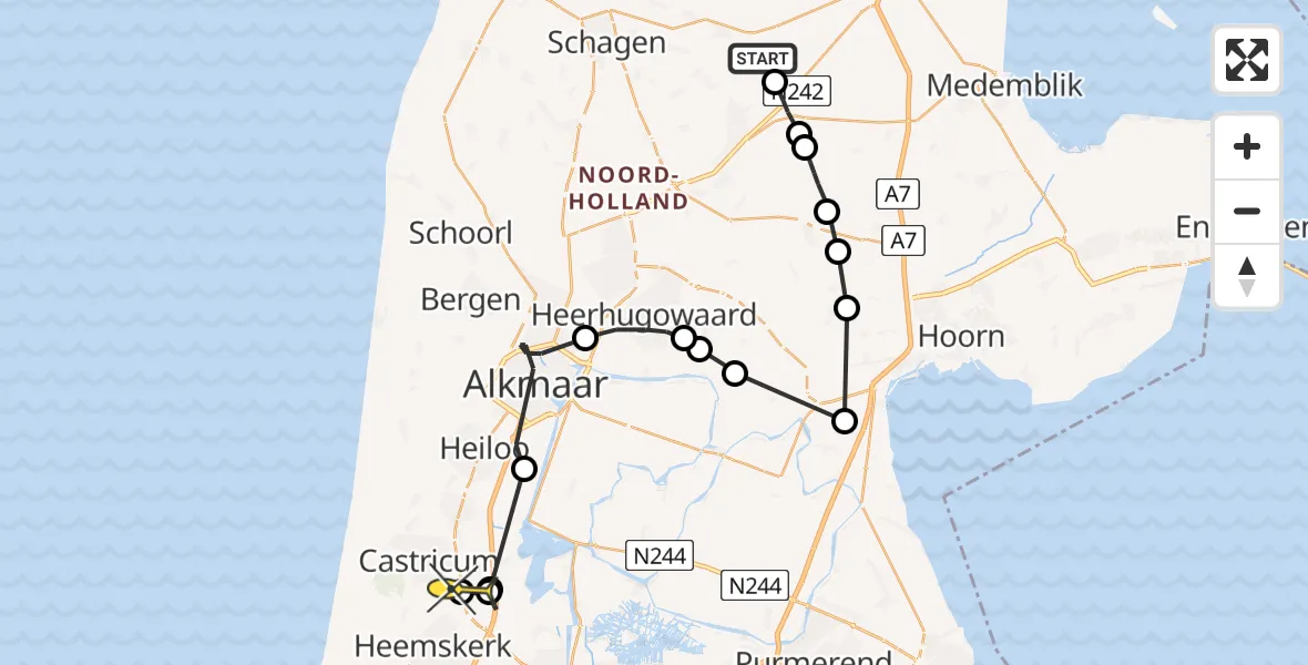 Routekaart van de vlucht: Politiehelikopter naar Castricum