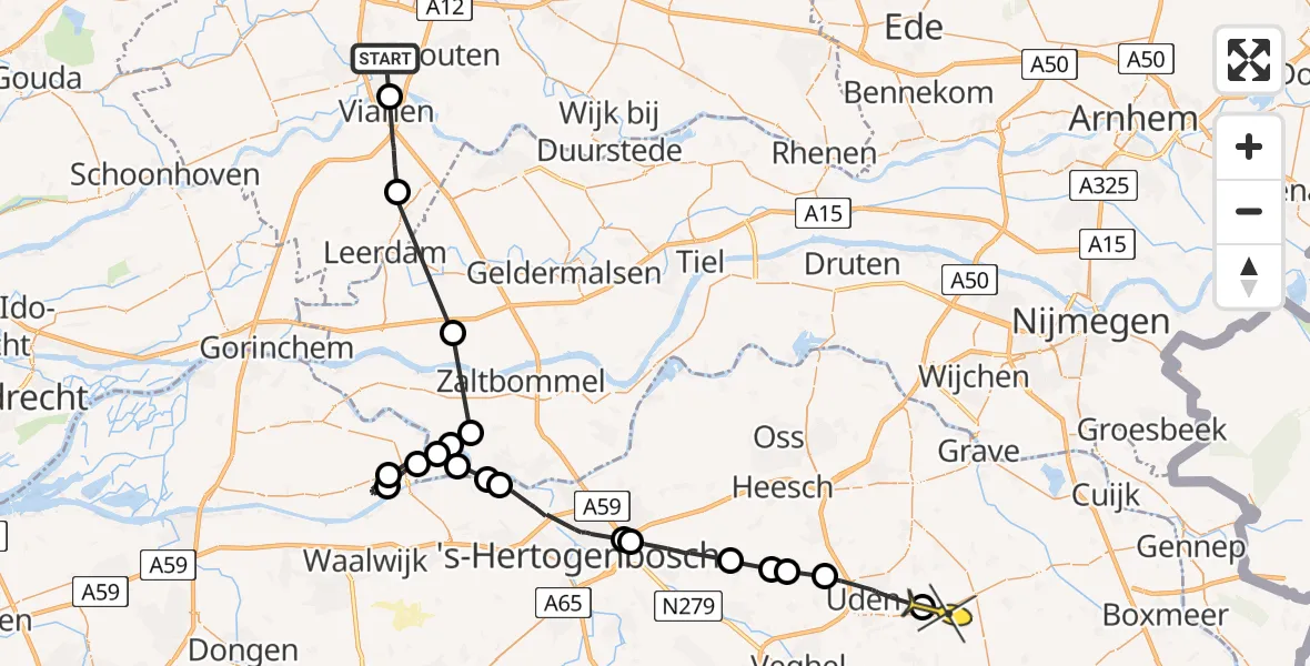 Routekaart van de vlucht: Politieheli naar Vliegbasis Volkel