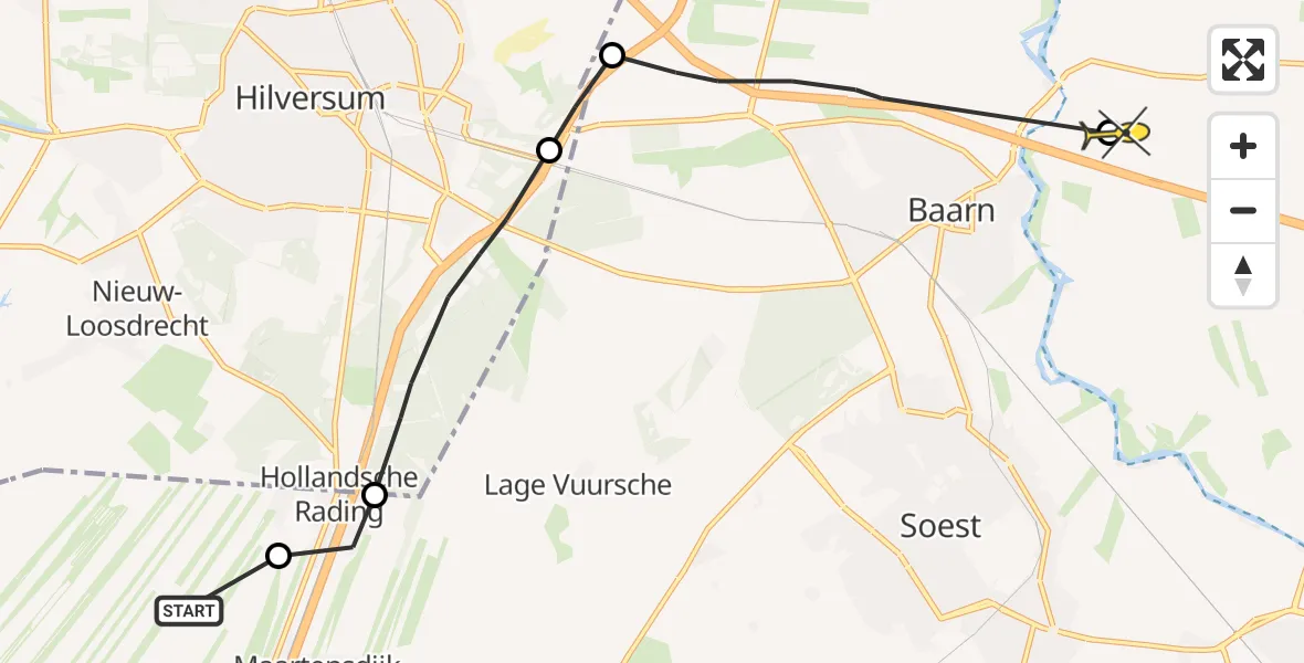 Routekaart van de vlucht: Politiehelikopter naar Baarn