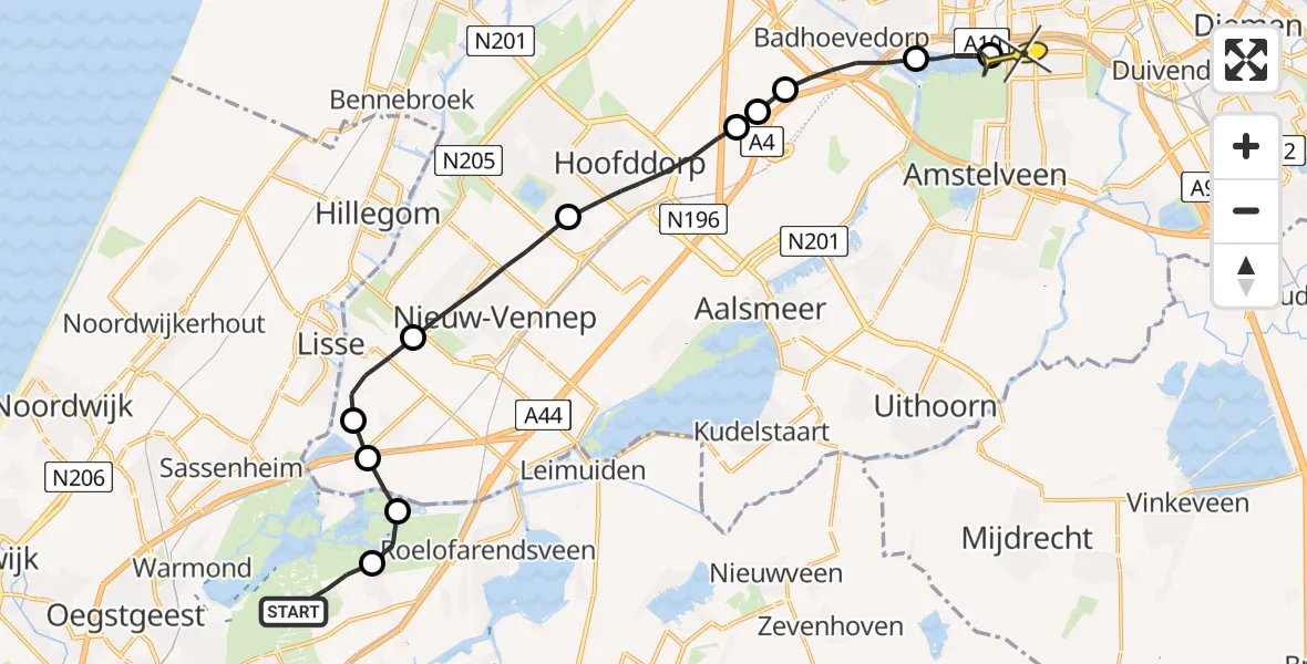 Routekaart van de vlucht: Lifeliner 1 naar VU Medisch Centrum Amsterdam