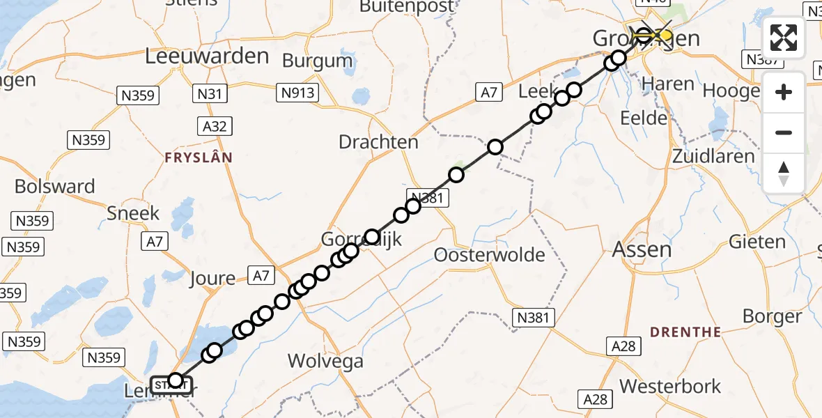 Routekaart van de vlucht: Lifeliner 4 naar Universitair Medisch Centrum Groningen