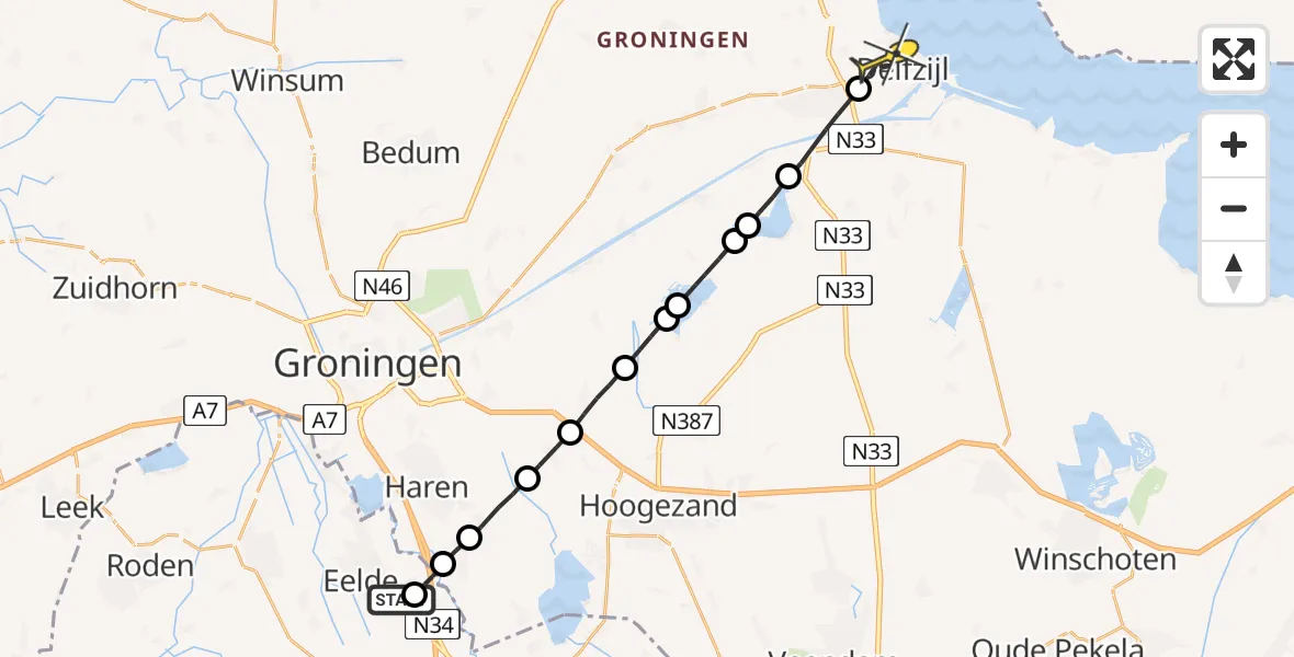 Routekaart van de vlucht: Lifeliner 4 naar Delfzijl