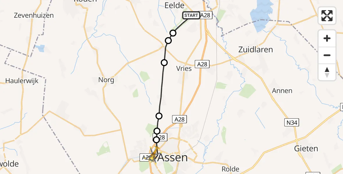 Vluchtroute Traumahelikopter Groningen Airport Eelde - Assen, 06 juni 2022, 05:54