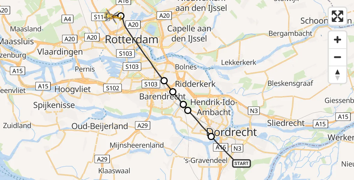 Vluchtroute Traumahelikopter Dordrecht - Rotterdam The Hague Airport, 06 juni 2022, 07:02