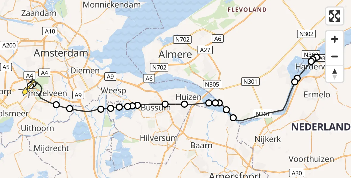 Routekaart van de vlucht: Politiehelikopter naar Schiphol