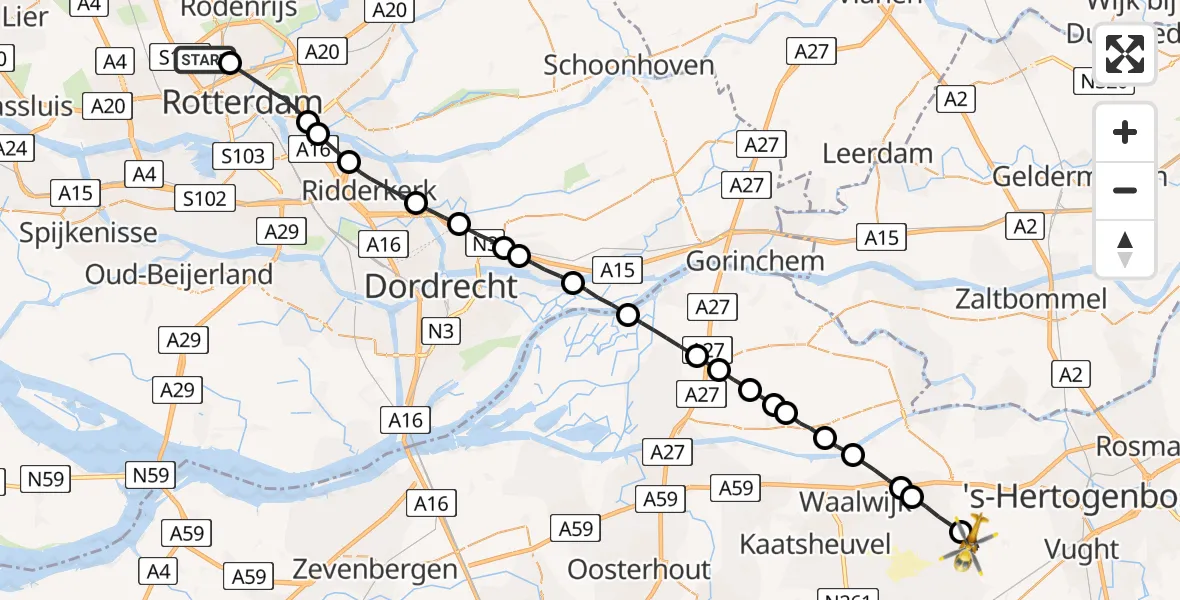 Vluchtroute Traumahelikopter Rotterdam The Hague Airport - Helvoirt, 06 juni 2022, 10:16