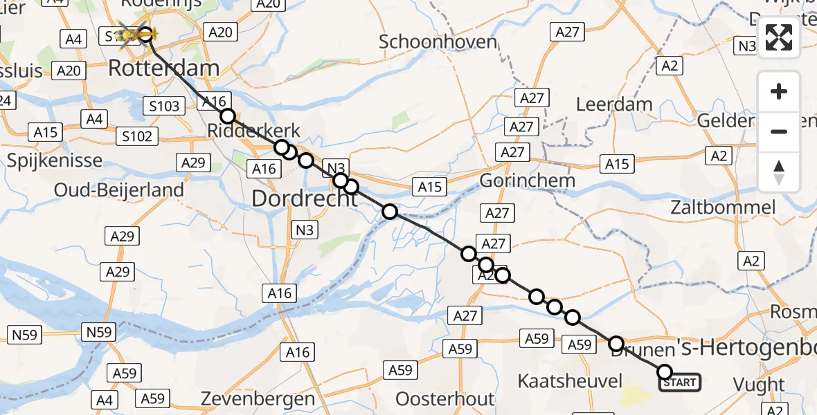 Vluchtroute Traumahelikopter Helvoirt - Rotterdam The Hague Airport, 06 juni 2022, 10:49