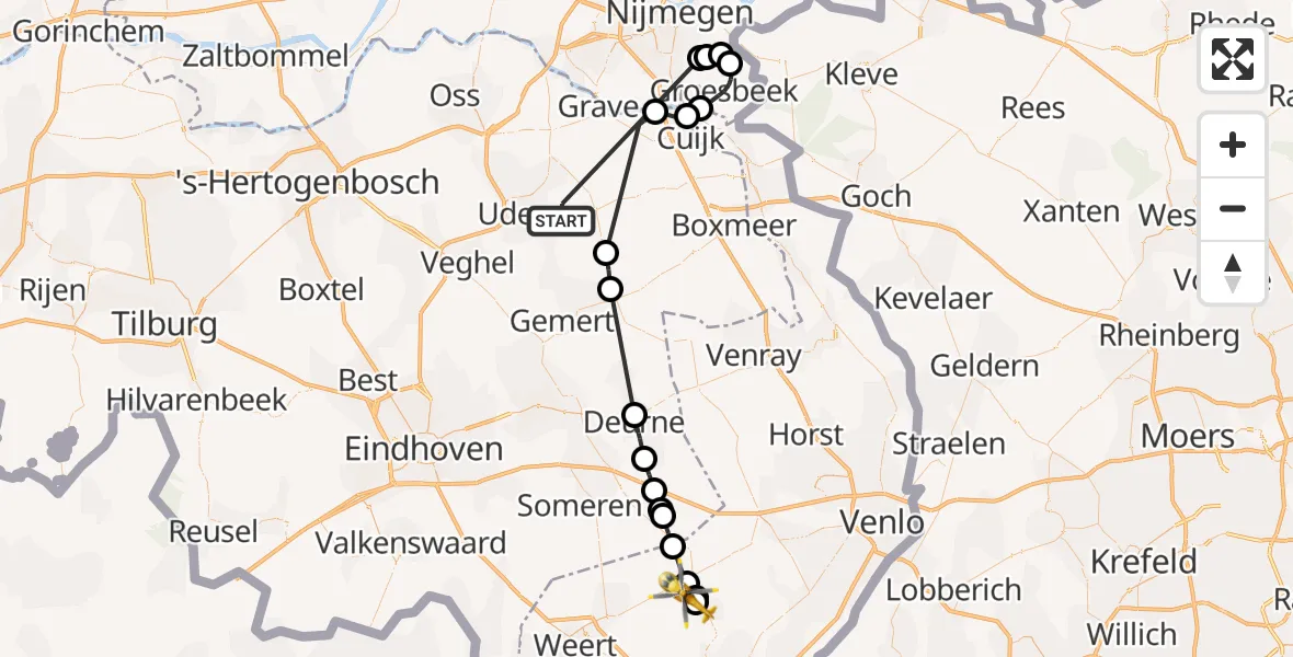 Vluchtroute Traumahelikopter van Vliegbasis Volkel naar Heythuysen