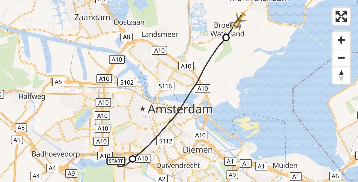 Vluchtroute Traumahelikopter VU Medisch Centrum Amsterdam - Broek in Waterland, 06 juni 2022, 12:42