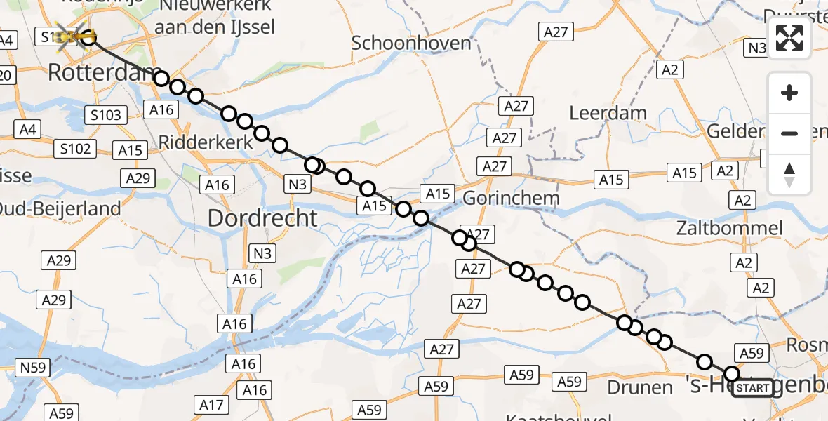 Vluchtroute Traumahelikopter 's-Hertogenbosch - Rotterdam The Hague Airport, 06 juni 2022, 12:42