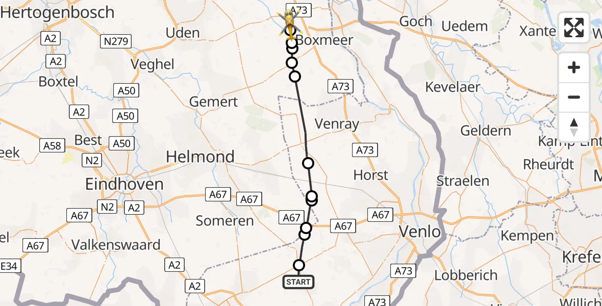 Vluchtroute Traumahelikopter van Heythuysen naar Rijkevoort