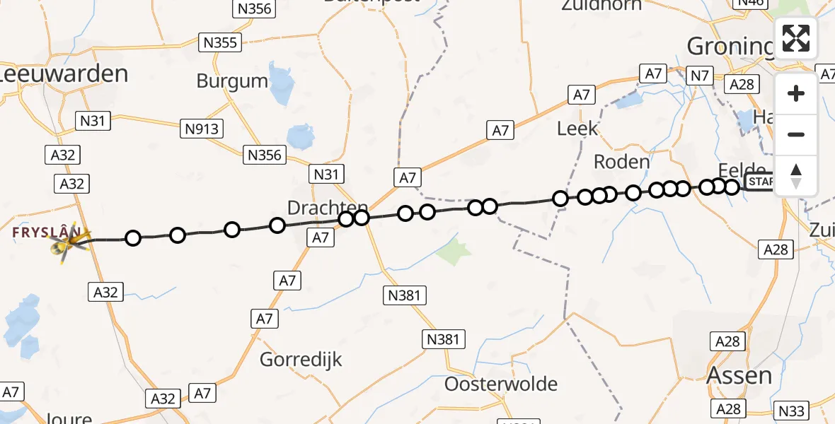 Vluchtroute Traumahelikopter Groningen Airport Eelde - Grou, 06 juni 2022, 14:19