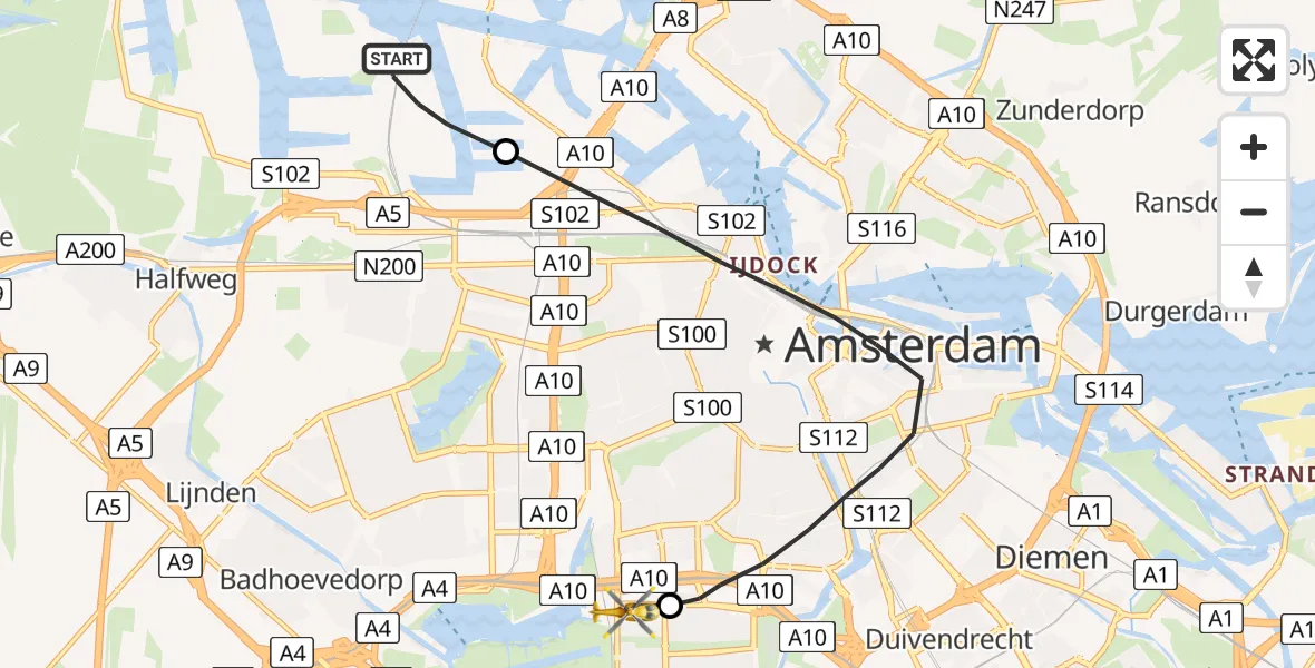 Vluchtroute Traumahelikopter Amsterdam Heliport - VU Medisch Centrum Amsterdam, 06 juni 2022, 16:30