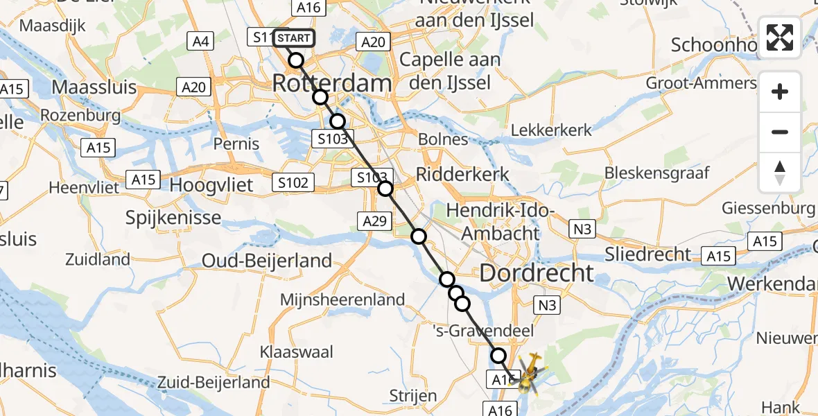 Vluchtroute Traumahelikopter Rotterdam The Hague Airport - Dordrecht, 06 juni 2022, 18:39