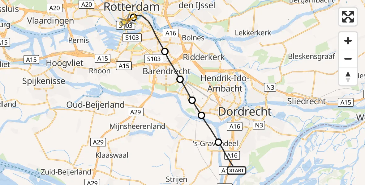Vluchtroute Traumahelikopter Dordrecht - Erasmus MC, 06 juni 2022, 19:23