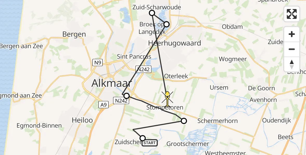Routekaart van de vlucht: Politiehelikopter naar Stompetoren