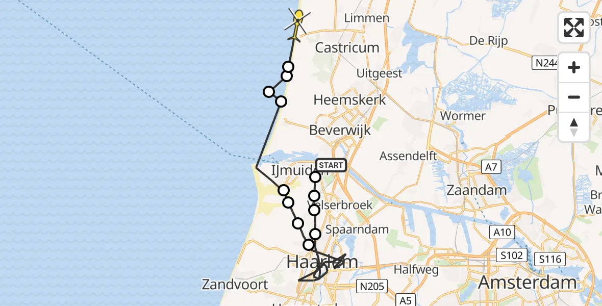 Routekaart van de vlucht: Politieheli naar Castricum