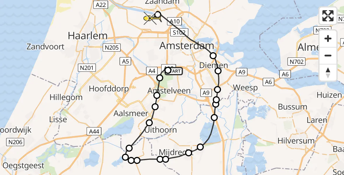 Routekaart van de vlucht: Lifeliner 1 naar Amsterdam Heliport