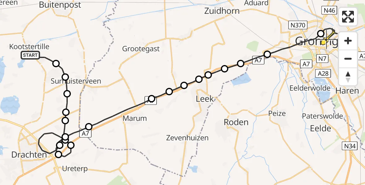 Routekaart van de vlucht: Lifeliner 4 naar Universitair Medisch Centrum Groningen