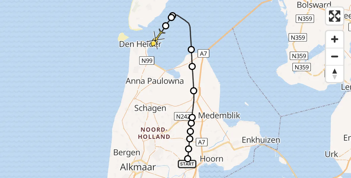 Routekaart van de vlucht: Politieheli naar Den Helder