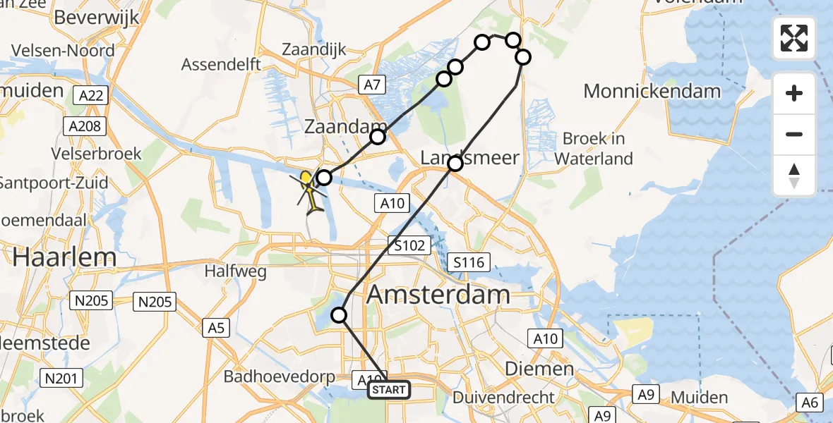 Routekaart van de vlucht: Lifeliner 1 naar Amsterdam Heliport