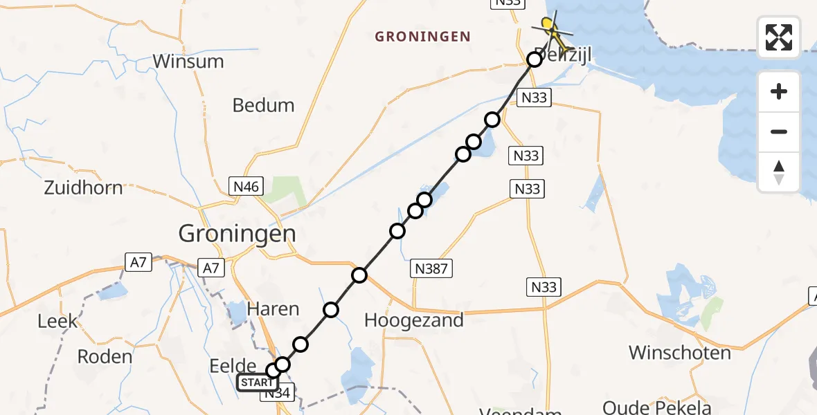 Routekaart van de vlucht: Lifeliner 4 naar Delfzijl