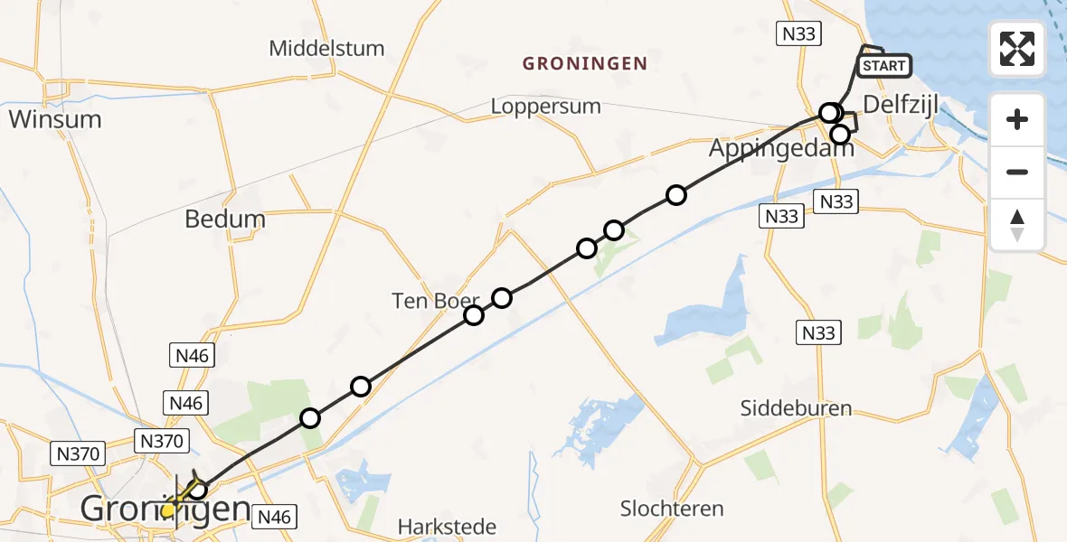 Routekaart van de vlucht: Lifeliner 4 naar Universitair Medisch Centrum Groningen