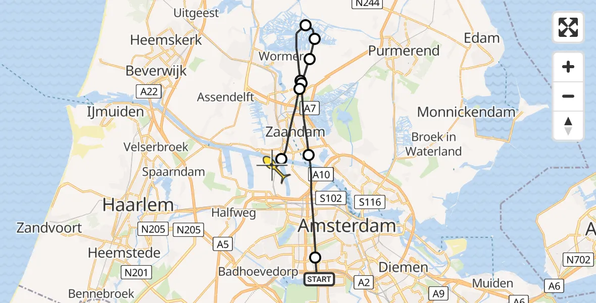Vluchtroute Traumahelikopter van VU Medisch Centrum Amsterdam naar Amsterdam Heliport