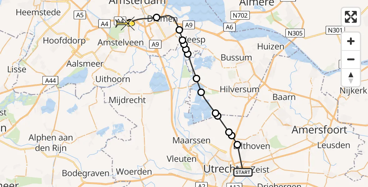 Routekaart van de vlucht: Lifeliner 1 naar VU Medisch Centrum Amsterdam