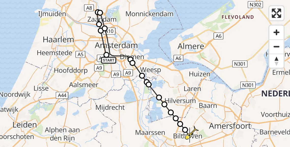 Routekaart van de vlucht: Lifeliner 1 naar Bilthoven