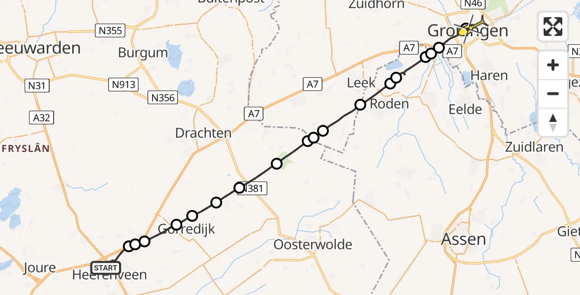 Routekaart van de vlucht: Lifeliner 4 naar Universitair Medisch Centrum Groningen